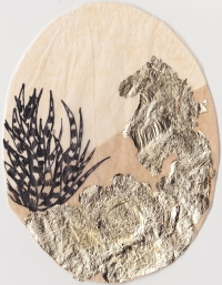 Claire Marsh, 2016, "Spine I", gold leaf and indian ink on sewing paper, 12.5x10.5 cm