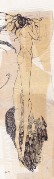 Claire Marsh, 2016, "I'm the hunter" panel 2, indian ink and gold leaf on sewing paper, 16 x 56 cm